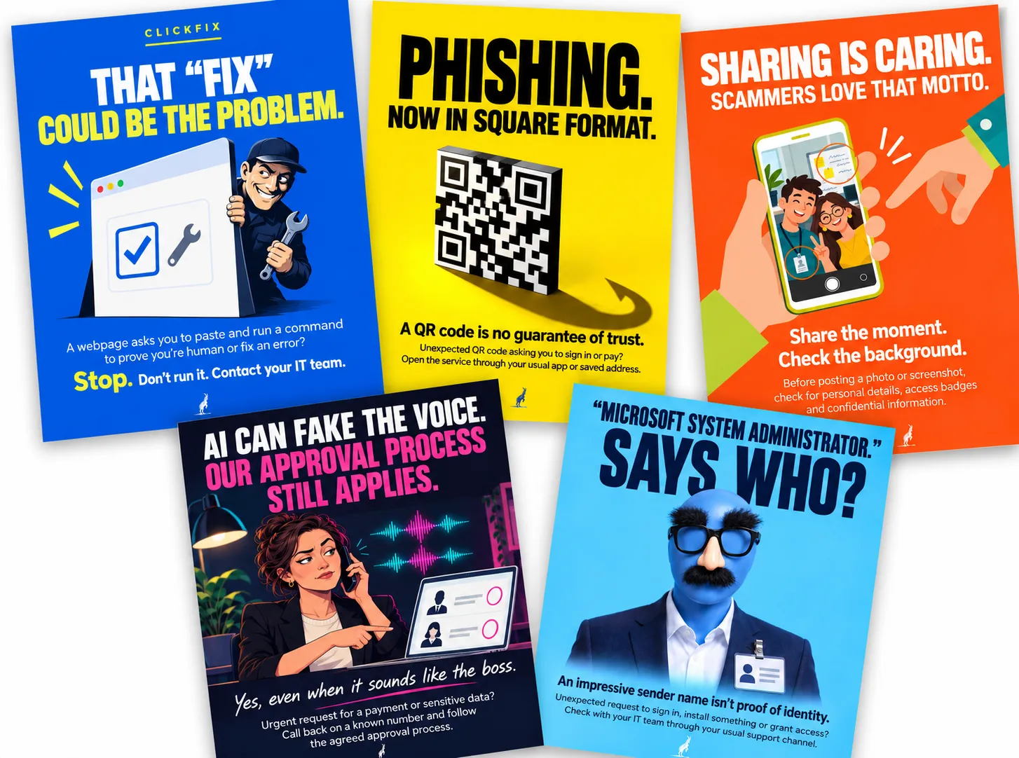 CYBERDISE-Posterset 5: Quishing, ClickFix, Sharing is caring, KI kann die Stimme fälschen, und Microsoft System Administrator