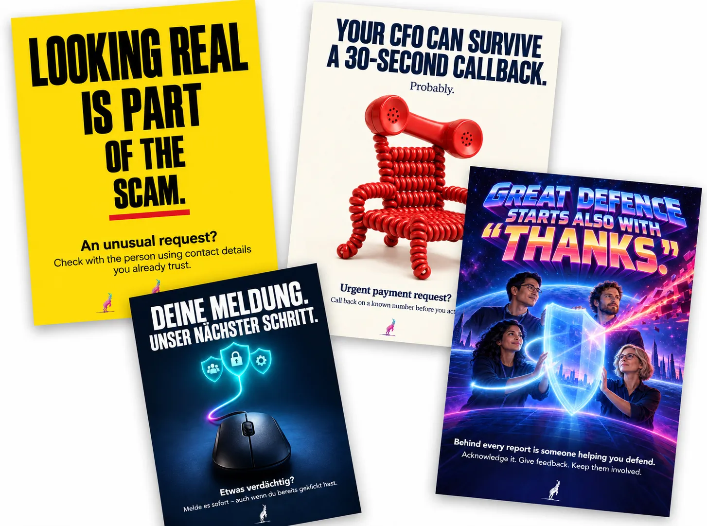CYBERDISE-Posterset 1: Echt aussehen, der Rückruf beim Finanzchef, Meldung und nächster Schritt, und Danke
