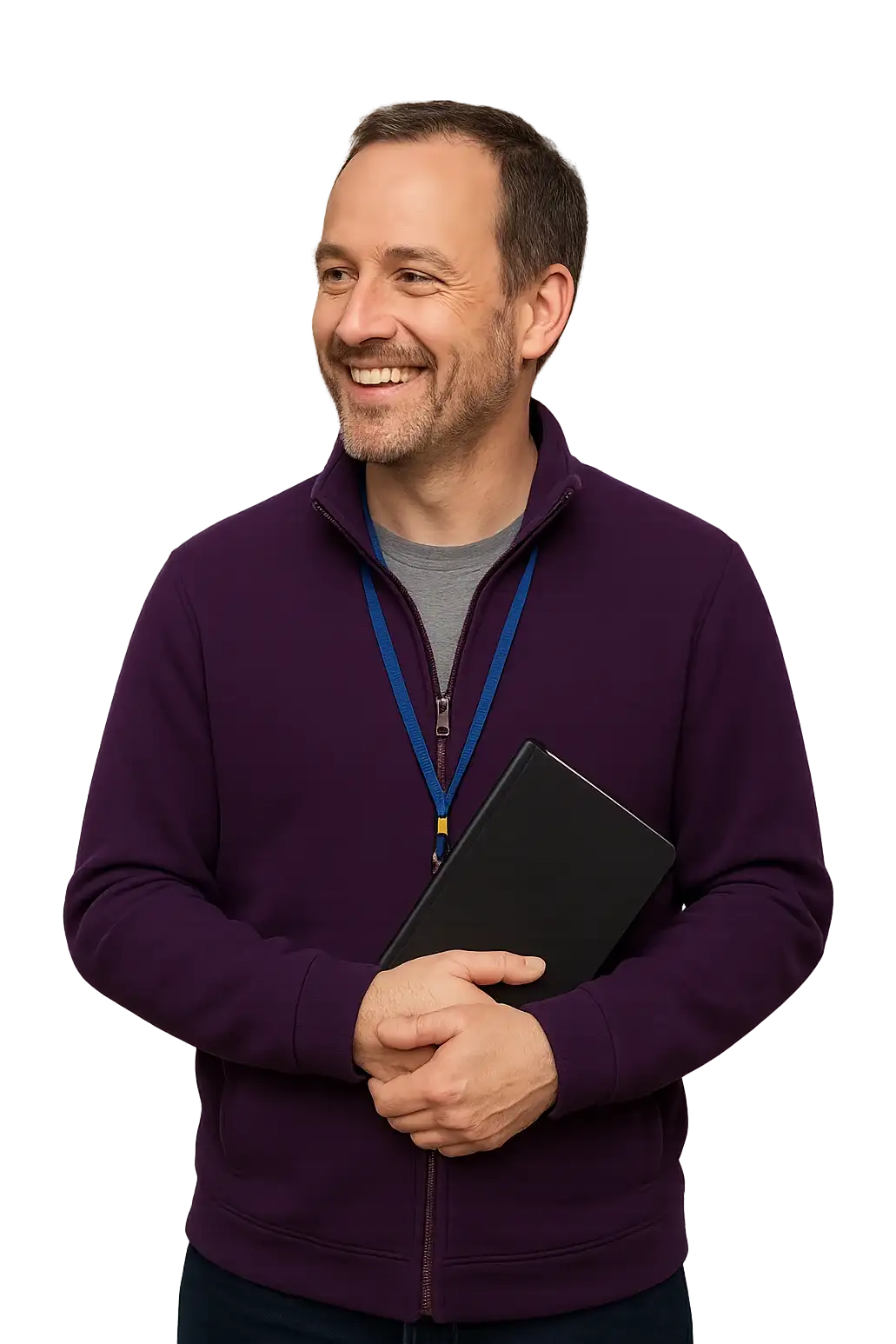 A university IT services lead holding a notebook, cut out against the page background