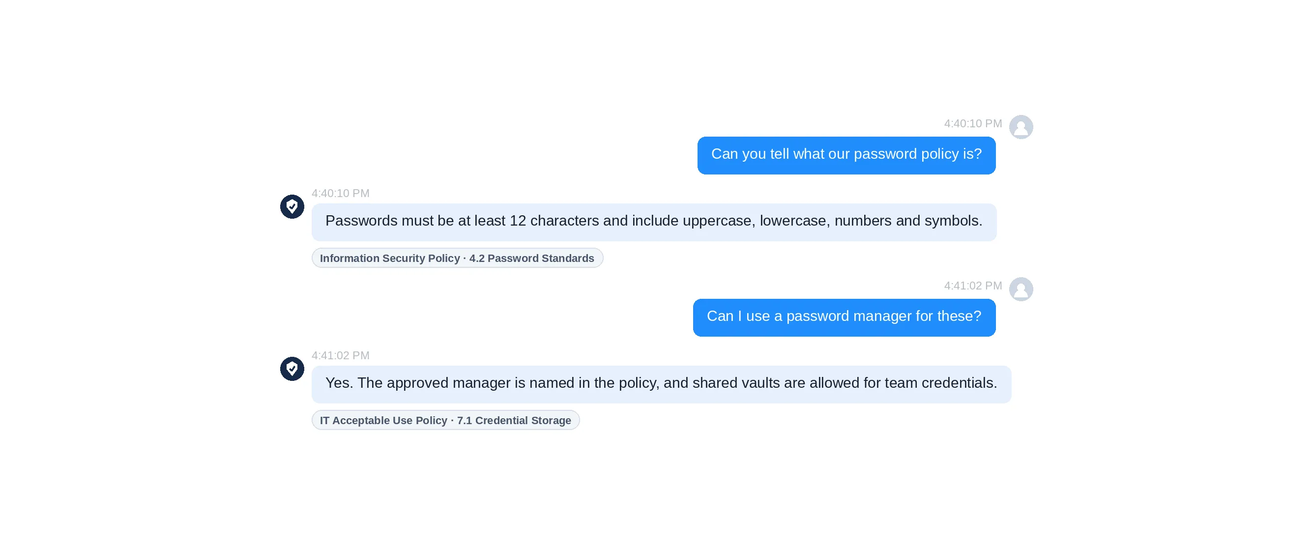 The Cybersecurity Chatbot answering two password questions and naming the policy section behind each answer