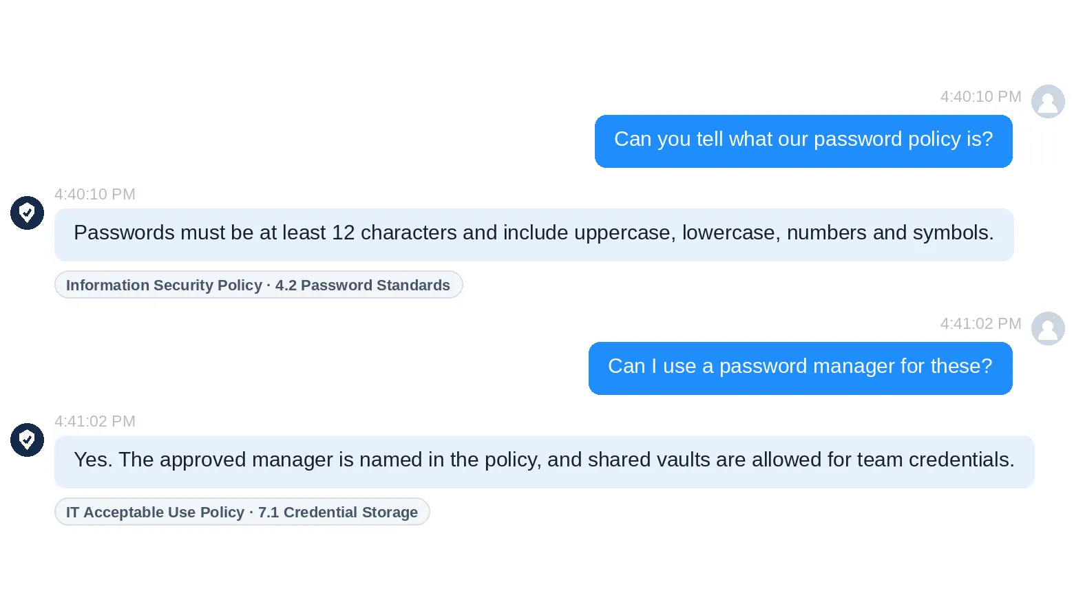 The Cybersecurity Chatbot answering two password questions and naming the policy section behind each answer