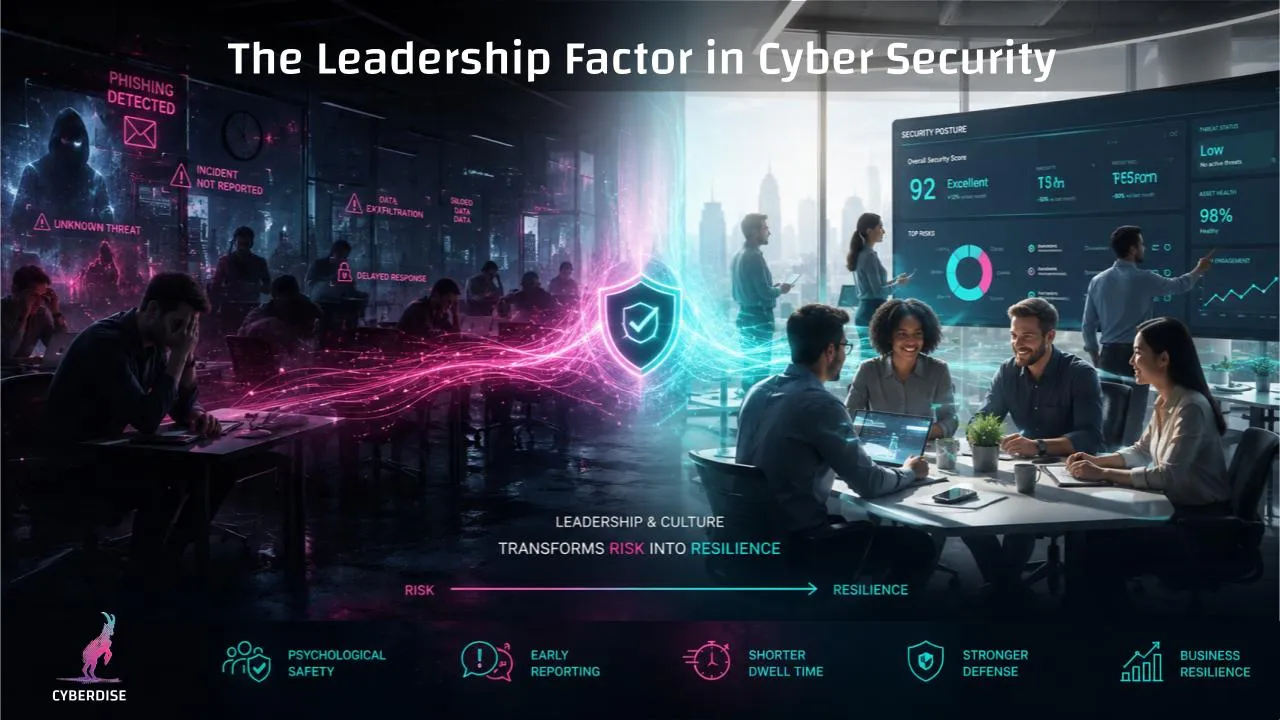 Title card "The Leadership Factor in Cyber Security": a stressed office turns into a confident team – from risk to resilience