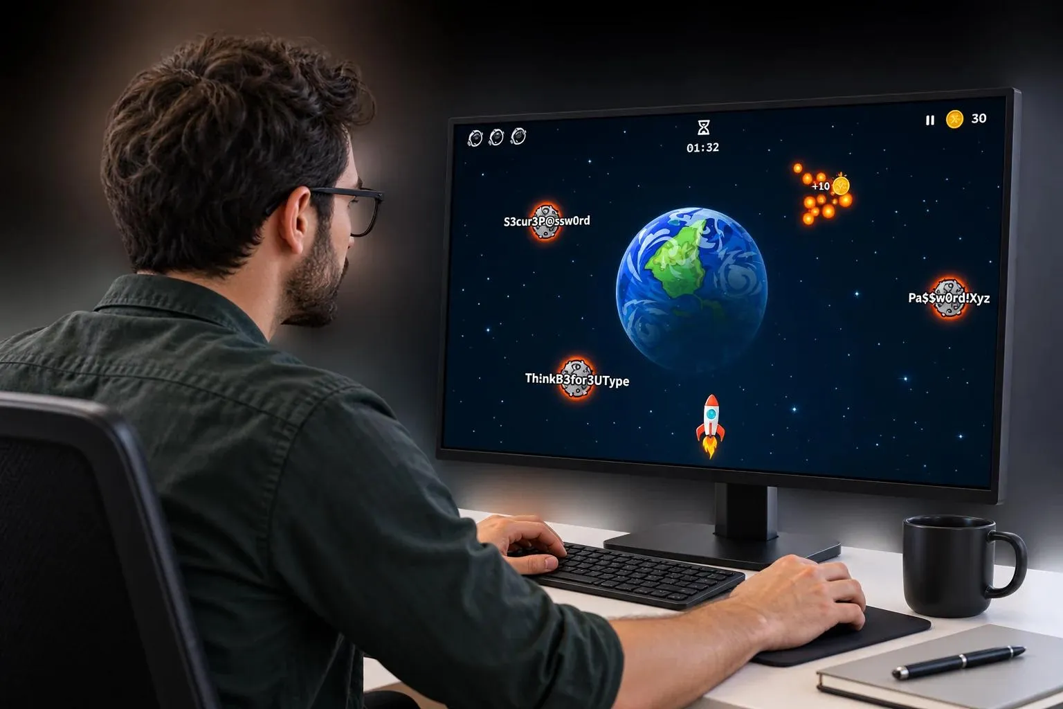 A man at his desk playing Shoot the weak passwords, with password asteroids flying around a planet on his screen