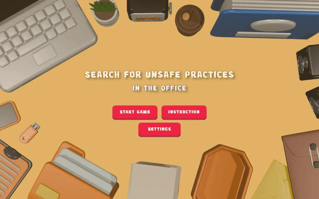 Start screen of the Spot the unsafe practices game, a desk seen from above with a laptop, a USB stick and papers