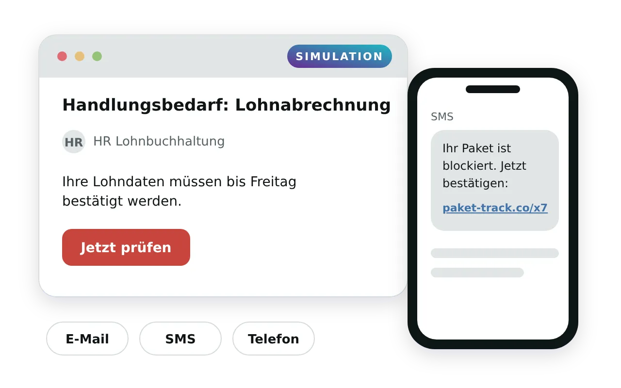 Eine simulierte Phishing-Mail zur Lohnabrechnung neben einer Paket-SMS, als eine Kampagne über E-Mail, SMS und Telefon