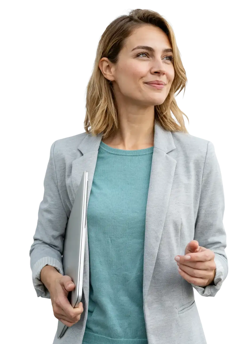 A member of the Cyberdise team with a laptop, smiling toward a colleague