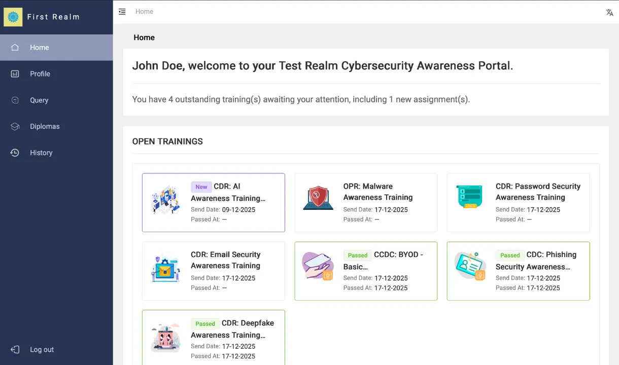 The learner portal of a client realm under its own name, listing the trainings due and passed