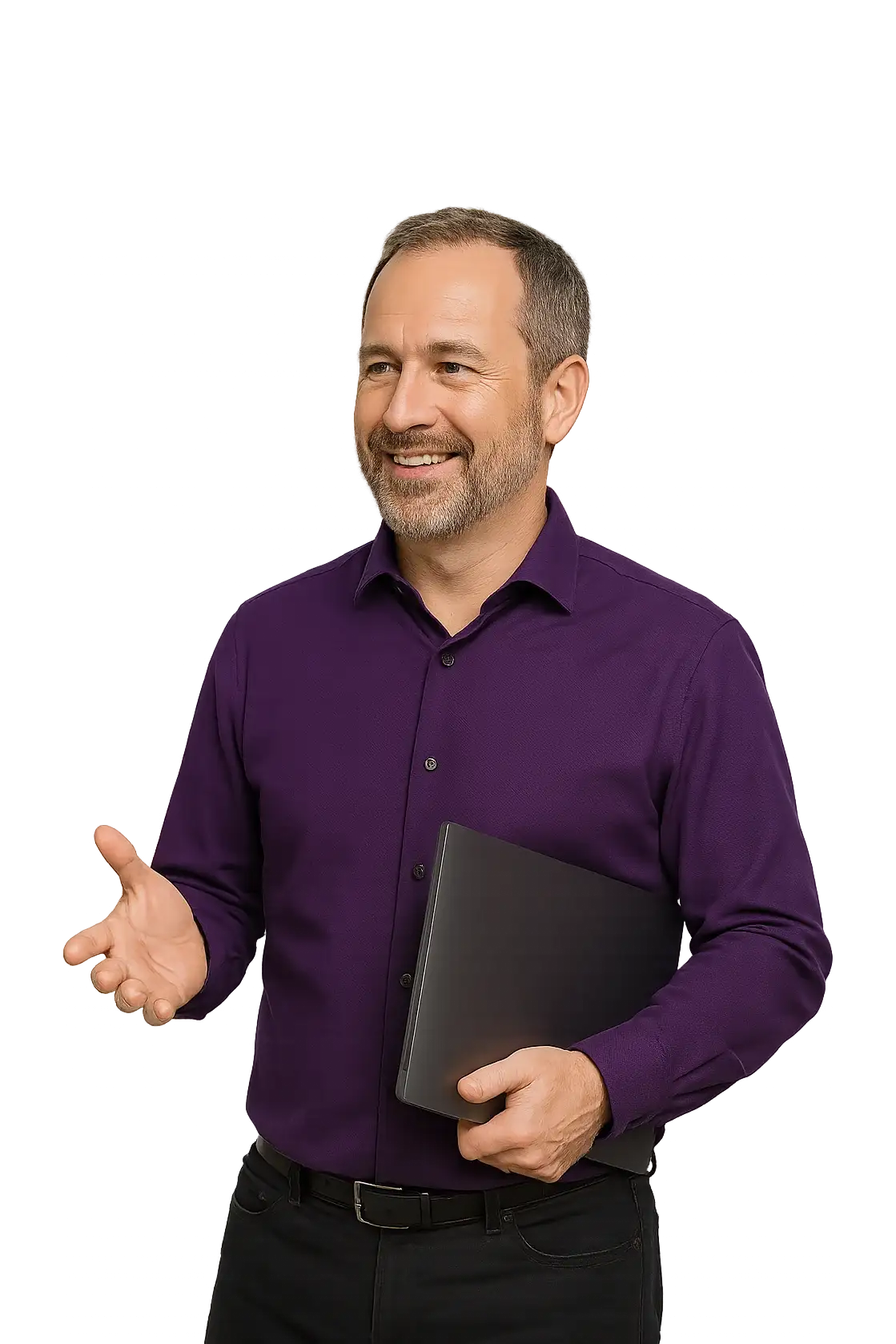 An enterprise security architect holding a closed laptop, cut out against the page background