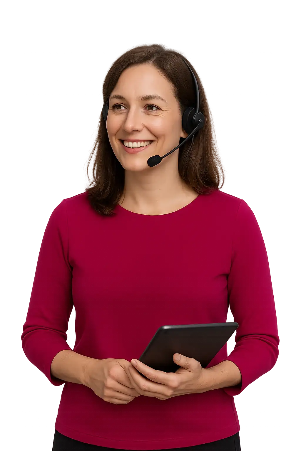 A service delivery manager at an IT provider holding a tablet, cut out against the page background