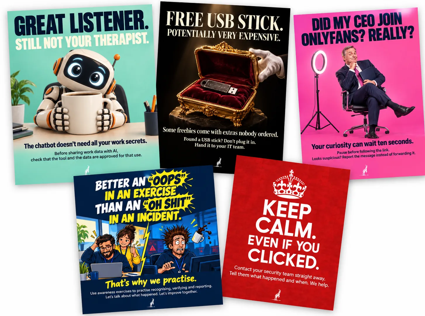 CYBERDISE-Posterset 4: CEO auf OnlyFans, Gratis-USB-Stick, Chatbot als Therapeut, Vor dem ersten Kaffee, und Uups in der Übung