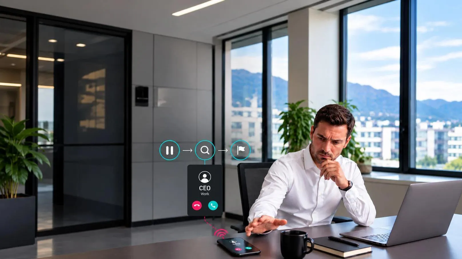 A man at his desk pausing before he answers a call shown as coming from the CEO, with icons for pause, check and report beside the phone