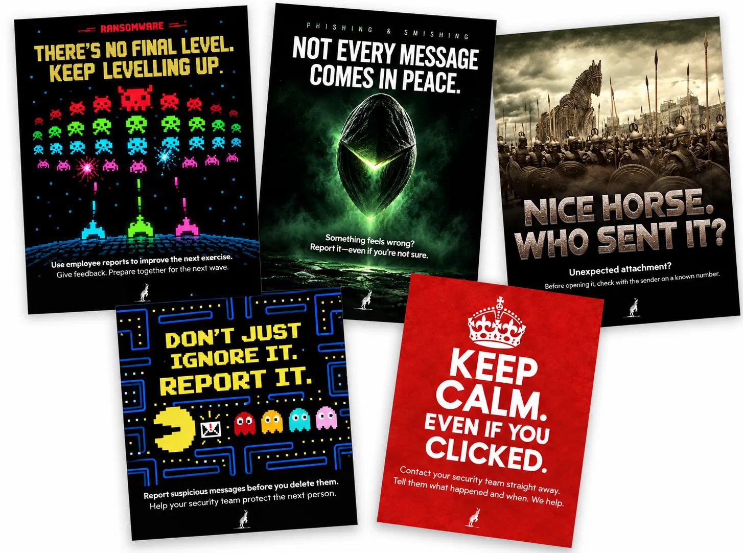 CYBERDISE-Posterset 3: Trojanisches Pferd, Ransomware, Phishing und Smishing, Ruhe bewahren, und Pac-Man