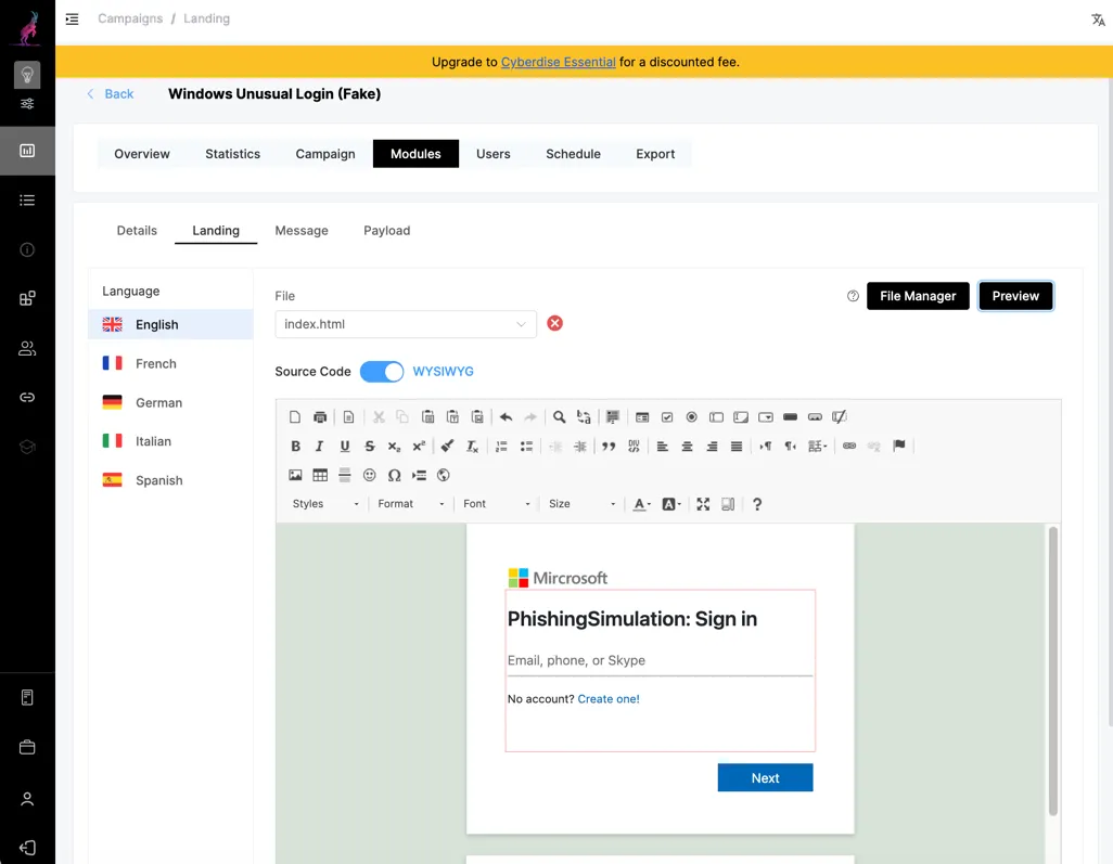 Screenshot: Landingpage-Editor der Kampagne «Windows Unusual Login (Fake)» mit nachgebauter Microsoft-Anmeldeseite