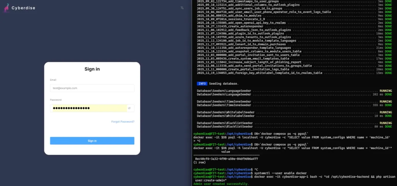 Screenshot: Cyberdise-Anmeldeseite neben einem Terminal, in dem die Installation die Datenbank befüllt und den Admin anlegt.