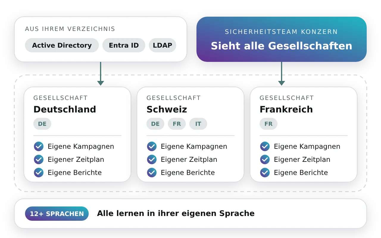 Eine Cyberdise Plattform für einen Konzern: Die Benutzer kommen aus Active Directory, Entra ID und LDAP in eine eigene Umgebung pro Gesellschaft, jede mit eigenen Kampagnen, eigenem Zeitplan, eigenen Berichten und Sprachen, während das Sicherheitsteam des Konzerns alle Gesellschaften sieht, mit Inhalten in über 12 Sprachen